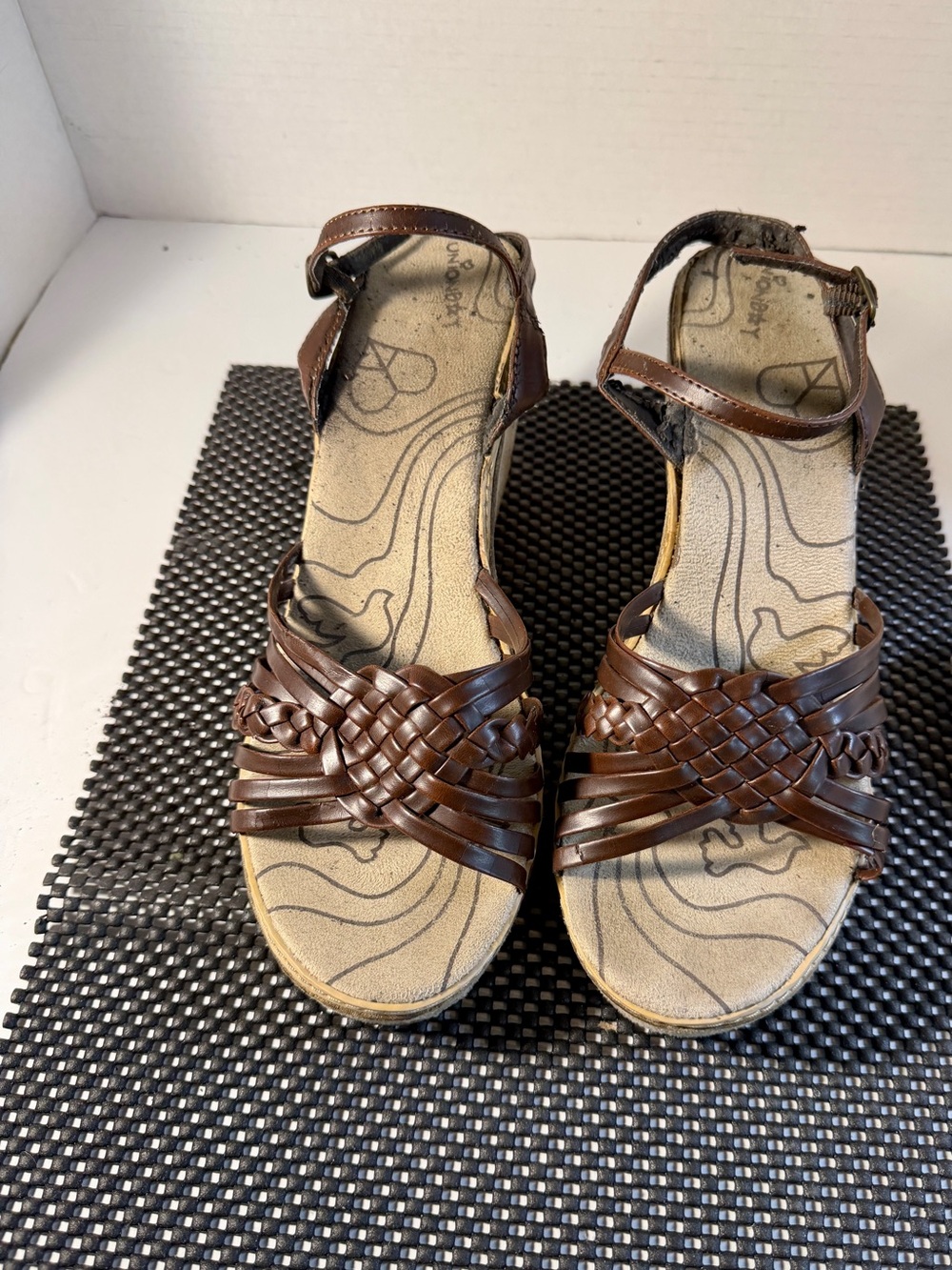 UNIONBAY Brown Braided Wedge Sandals with Ankle Strap